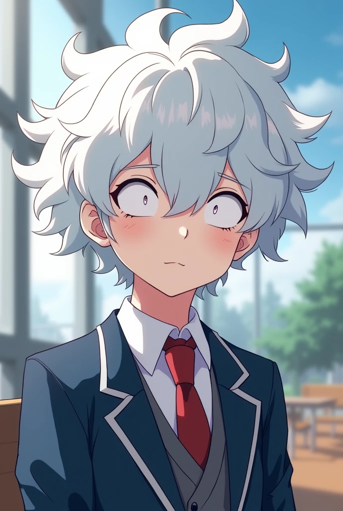 Boku no hero academia art style, boy of , hair made of clouds, pale skin, eye white, bright and without scuffs, dressed in UA uniform, and with a sleepy face, with a classroom background.