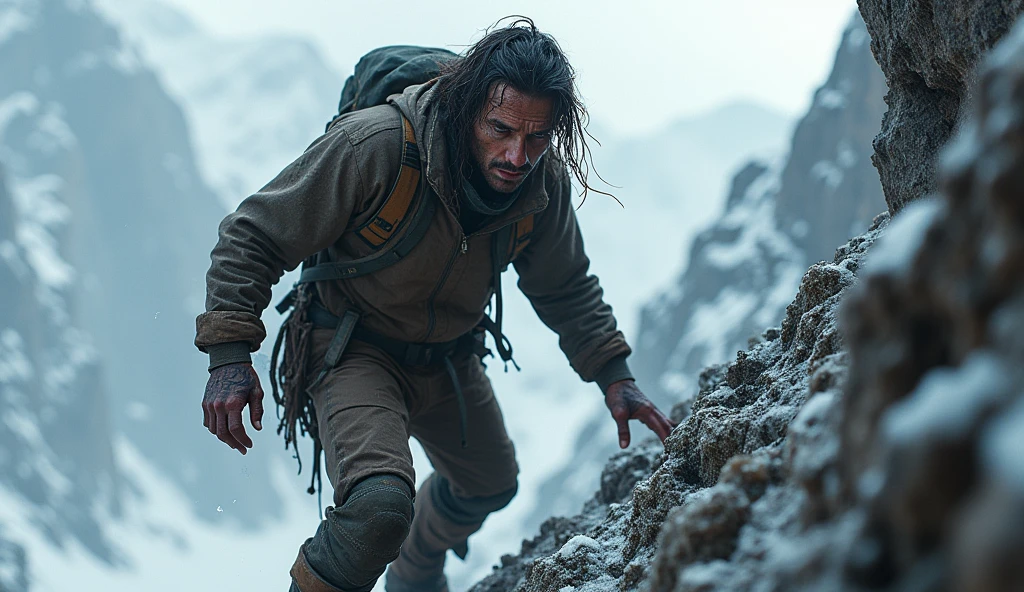 A person climbing a steep mountain, bruised and tired but continuing upwards with determination in their eyes, symbolizing perseverance.