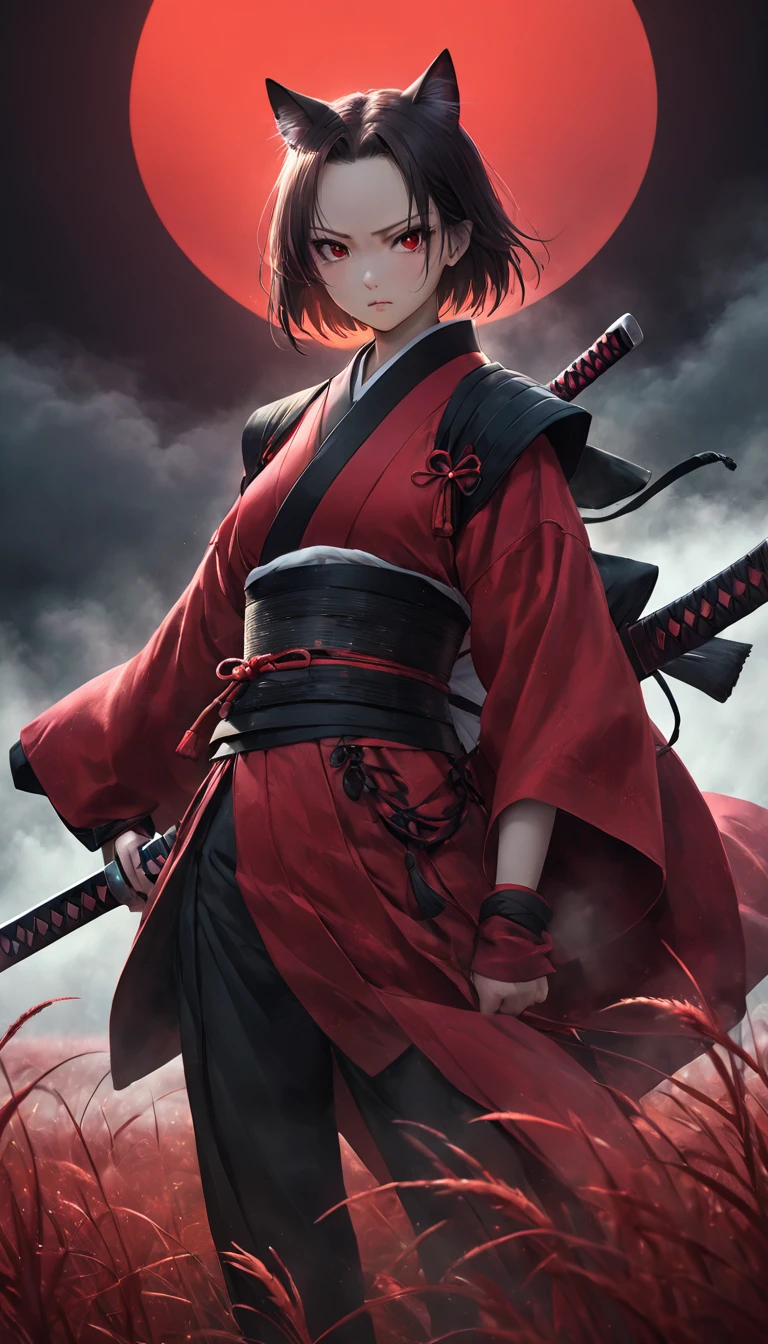 high resolution。Beautiful face like a doll。cowboy shot。Realistic skin texture。Realistic fabric texture。。A woman in scarlet ronin clothing。Samurai Pose。Beautiful feet。Messy red short hair。forehead。Cat ear。Cat Eyes。 Crimson silver grass field。A world of thick fog,。Red Eyes。clothes are blowing in the wind。Serious expression。Holding the sword at his waist。alone。Japan。black sun。Red Sky。Chiaroscuro,