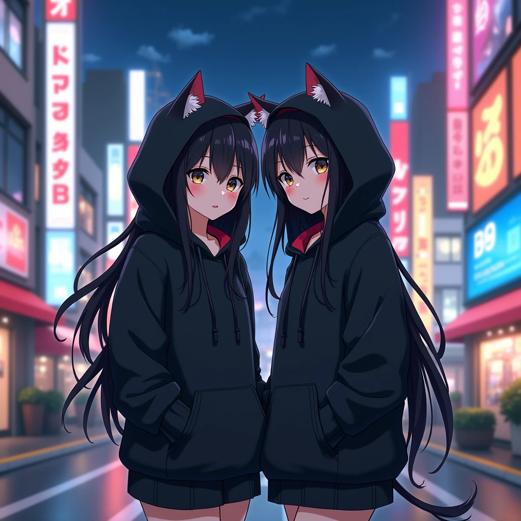couple anime wearing black hoodie,
with cat ears, in japan citylights
background, and the girl is black long hair