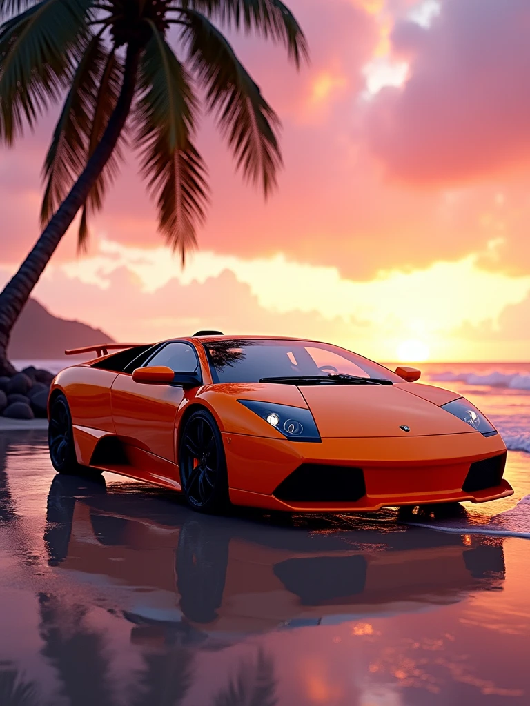 orange Lamborghini Murcielago lp0 sports car parked near a beach with a palm tree with warm sunlight on a beautiful sunset with rays of sun and a contrasting sky of violet and pink, high definition, high quality wallpapers, bold Lamborghini style , supercar, ultra realistic photography, luxury lifestyle, photo, cinematic, vibrant
