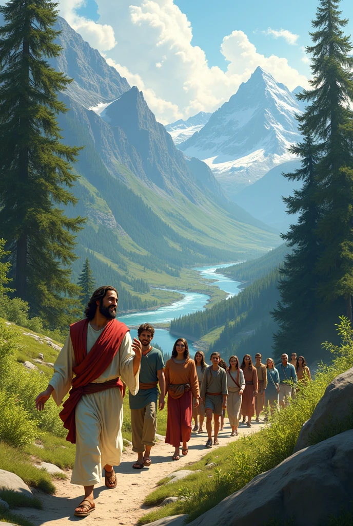 sus Leading a Group Hike in the Mountains: A dynamic, outdoor scene of Jesus leading a diverse group of people on a hike through a breathtaking mountain landscape. He is smiling and gesturing to the beauty of the surroundings, while those behind him are filled with awe and admiration. The path winds through tall trees and opens up to a stunning vista of mountains, valleys, and a distant river. His presence is inspiring, and the entire group feels energized and united in this experience of nature