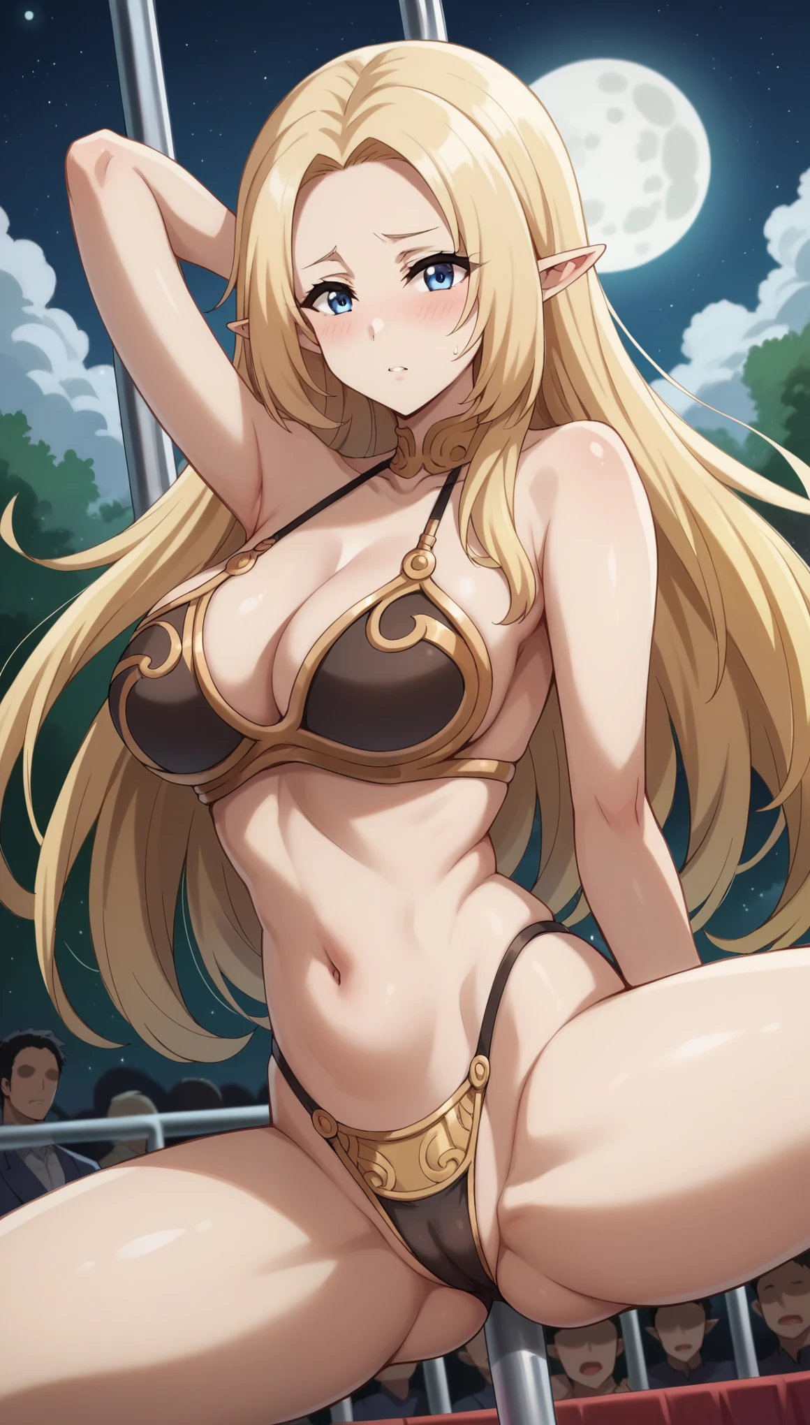 nsfw, Highest quality, High resolution, score_9, score_8_superior, score_7_superior, sauce_anime, from behind,
shadowalpha, alpha, Long Hair, blue eyes, Blonde, Pointed Ears, Fairy, Thong, highlegs:1.4, first round, Big Breasts,  Cleavage, belly button, Beautiful Skin, (Striper pole dancing), (Spread your legs:1.5), (barebottom), blush, barearms, barelegs, Bare shoulders, camel toe,
[水着のsuperiorから:Princess Leia Bikini:5], evaluation_Safety, score_9,  score_8_superior, score_7_superior, score_6_superior,
stage, Many male spectators, night, moon,
View your viewers, Cowboy Shot,