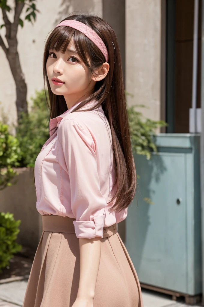 best quality, 8k, very delicate and beautiful, highly detailed face and skin texture, shiny skin, high resolution, beautiful brown long hair japanese woman with headband in pink shirt and skirt walking on street, sharp focus
