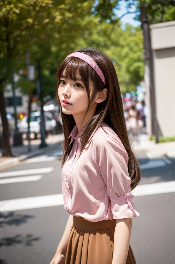 best quality, 8k, very delicate and beautiful, highly detailed face and skin texture, shiny skin, high resolution, beautiful brown long hair japanese woman with headband in pink shirt and skirt walking on street, sharp focus