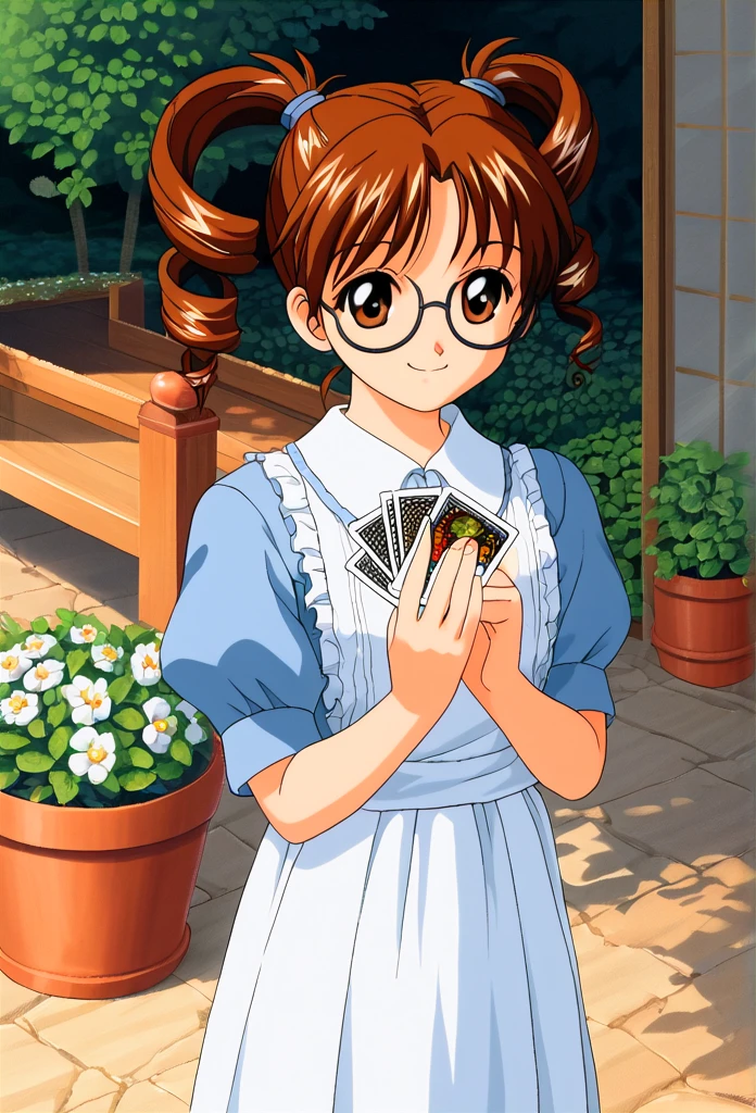 1 girl, Smile, Bangs，garden，Double ponytail hairstyle, curls，Dressed in high school，Standing in front of a quiet house，There are artistic sculptures behind，Put your hands on your chest，Delicate pixel graphics，Pure Love Card，When notes、90s game girl，90s gaming style,Brown hair color，Big ，Wearing large round black glasses with thick frames

