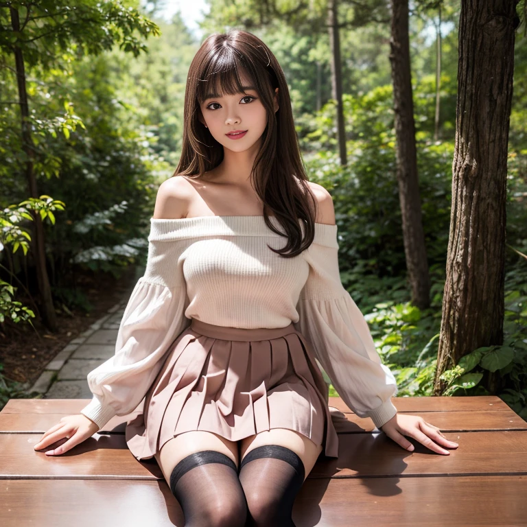 long skirt,skirt,Wearing a pink pleated skirt, (Wear black stockings),(knee shot), 1 female, On the face, laughing out loud, light brown hair, blunt bangs, hair behind ears, Shoulder length hair, long hair, Slender body type, 超face slimming型, face slimming, delicate lips, beautiful eyes, Thin blush, Eyes are light brown,Check it out here, (actual:1.3), Coniferous forest, One person's perspective, 8k, on the table, , Super detailed, high quality, best quality, High resolution, ,Large Breasts,H Cup, Off-shoulder tops,