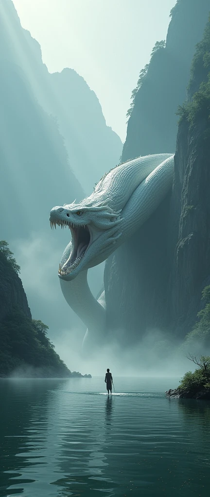 In the mysterious Dongting Lake between valleys, a massive white python with dragon-like scales swims powerfully, its mouth wide open as it stares at a tiny human. The sunlight creates sharp contrasts between light and shadow, enhancing the pursuit's tension. Complex details, strong atmosphere, cinematic composition, surrealist style, high contrast, dreamlike energy, and apocalyptic undertones.
