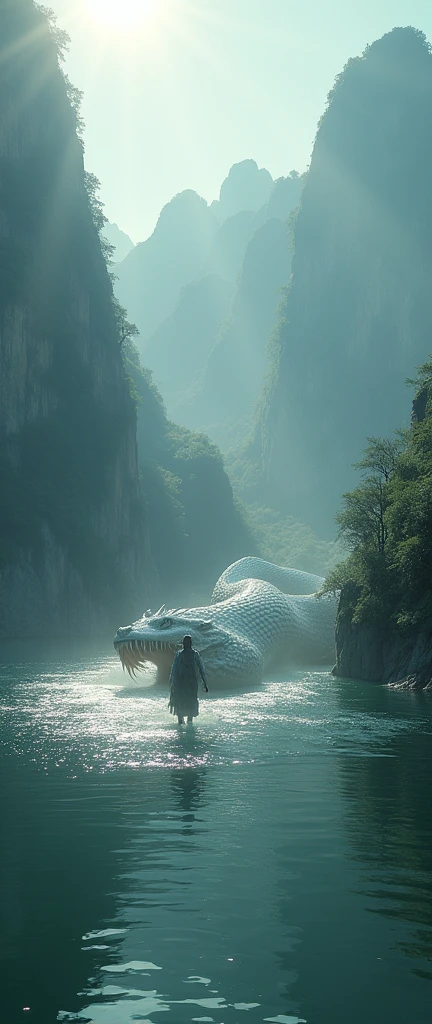 In the mysterious Dongting Lake between valleys, a massive white python with dragon-like scales swims powerfully, its mouth wide open as it stares at a tiny human. The sunlight creates sharp contrasts between light and shadow, enhancing the pursuit's tension. Complex details, strong atmosphere, cinematic composition, surrealist style, high contrast, dreamlike energy, and apocalyptic undertones.