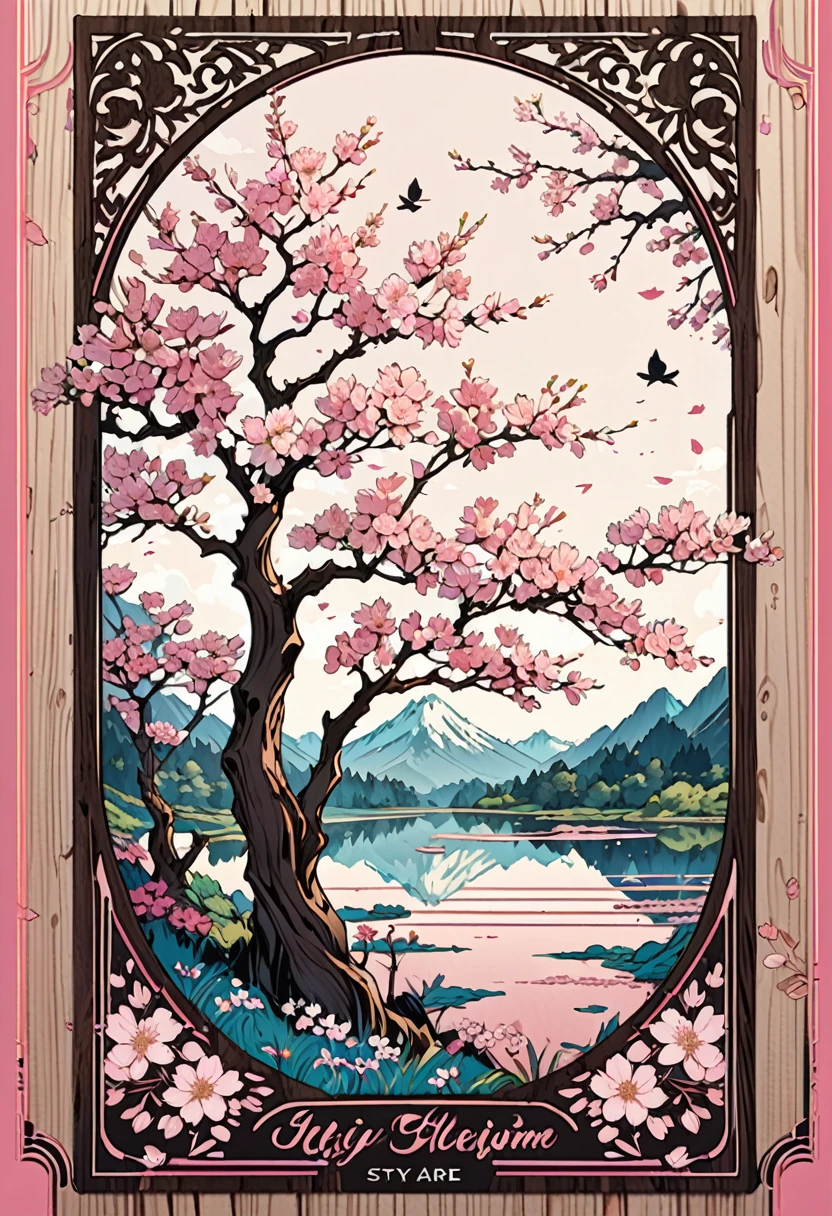 Beautiful book Cover style art. Pink cherry blossoms border. Wood style aesthetic.