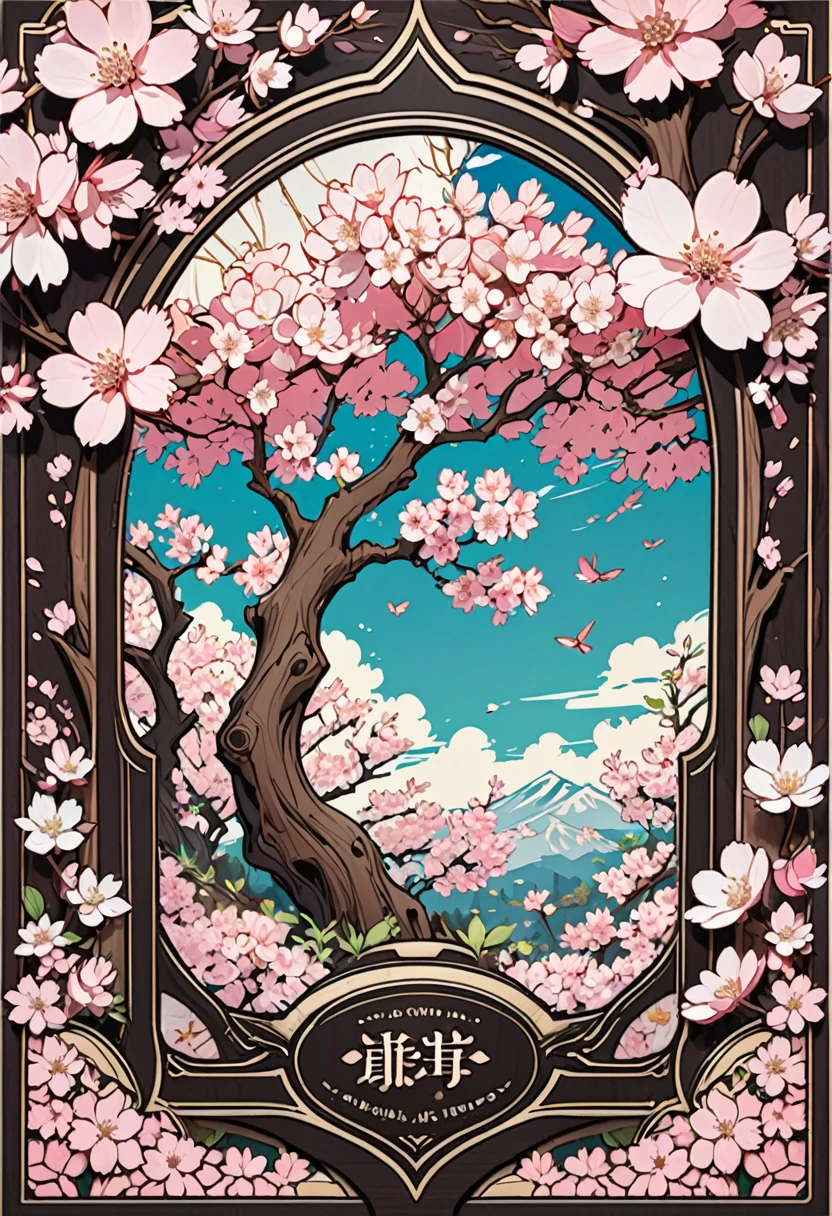 Beautiful book Cover style art. Pink cherry blossoms border. Wood style aesthetic.