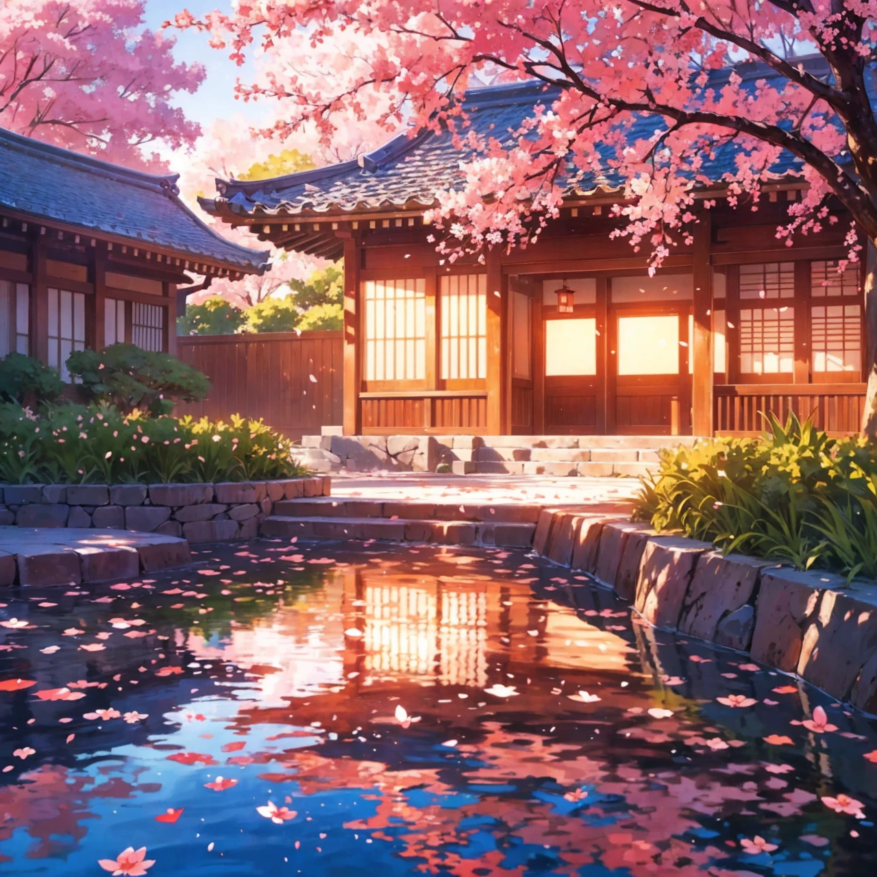
"Generate a breathtaking anime-style background featuring a serene cherry blossom garden at sunset, with delicate pink petals gently falling onto a tranquil koi pond, surrounded by traditional Japanese architecture and lush greenery, all under a warm, soft pink sky with a few wispy clouds."