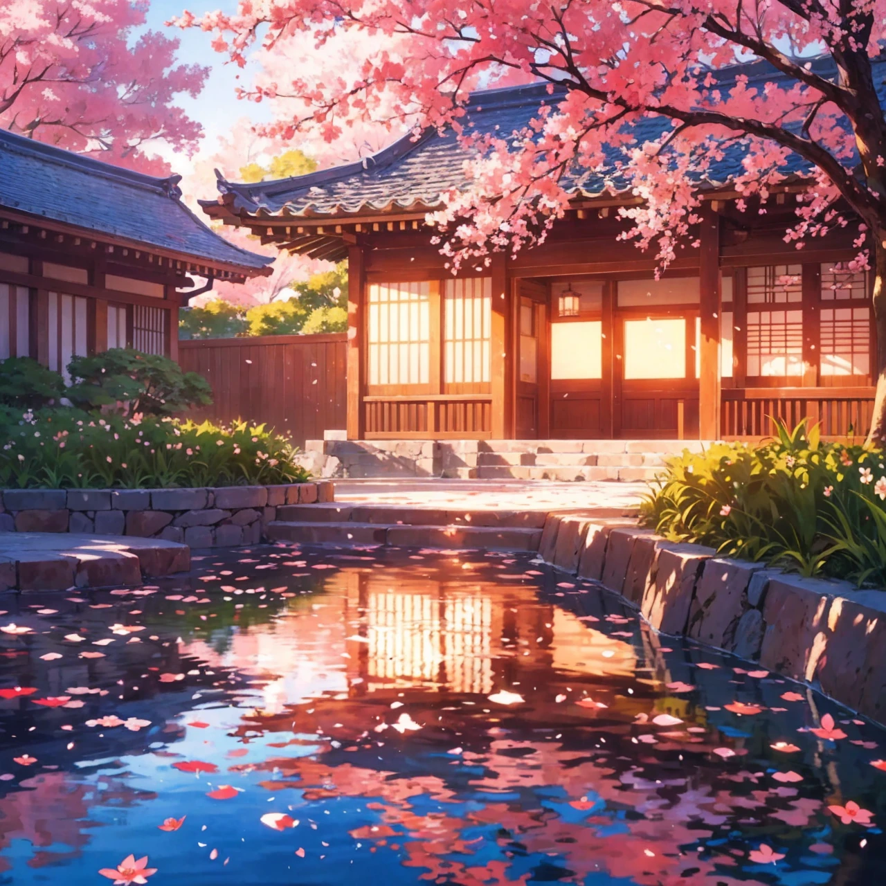 "Generate a breathtaking anime-style background featuring a serene cherry blossom garden at sunset, with delicate pink petals gently falling onto a tranquil koi pond, surrounded by traditional Japanese architecture and lush greenery, all under a warm, soft pink sky with a few wispy clouds."