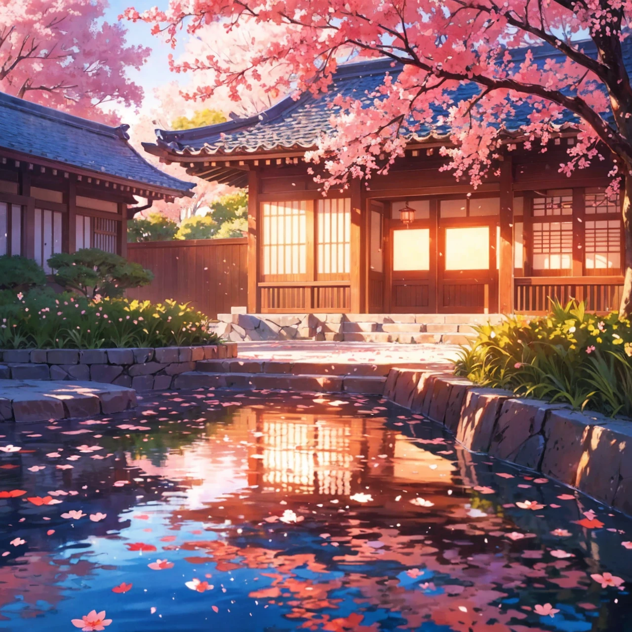 "Generate a breathtaking anime-style background featuring a serene cherry blossom garden at sunset, with delicate pink petals gently falling onto a tranquil koi pond, surrounded by traditional Japanese architecture and lush greenery, all under a warm, soft pink sky with a few wispy clouds."