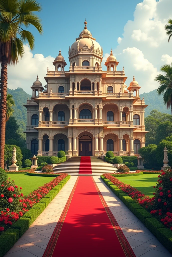 A luxurious lengthy very bigmansion the building has indian architecture and the compound sorounded with flowers,grass and other nature with red carpets I want it to be on it's own and the words I want a full view