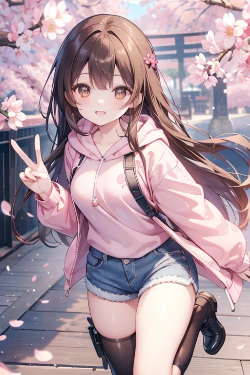 irohaisshiki, iroha isshiki, long hair, brown hair, (brown eyes:1.5), happy smile, smile, open your mouth,Put your hand over your mouth and make a peace sign, 1 girl,towards the camera,pink hoodie,short denim pants,black tights,short boots,cherry blossoms are blooming,Cherry blossoms are scattered,
break indoors, Cherry blossom tree-lined path,
break looking at viewer,Upper body,
break (masterpiece:1.2), highest quality, High resolution, unity 8k wallpaper, (shape:0.8), (fine and beautiful eyes:1.6), highly detailed face, perfect lighting, Very detailed CG, (perfect hands, perfect anatomy),