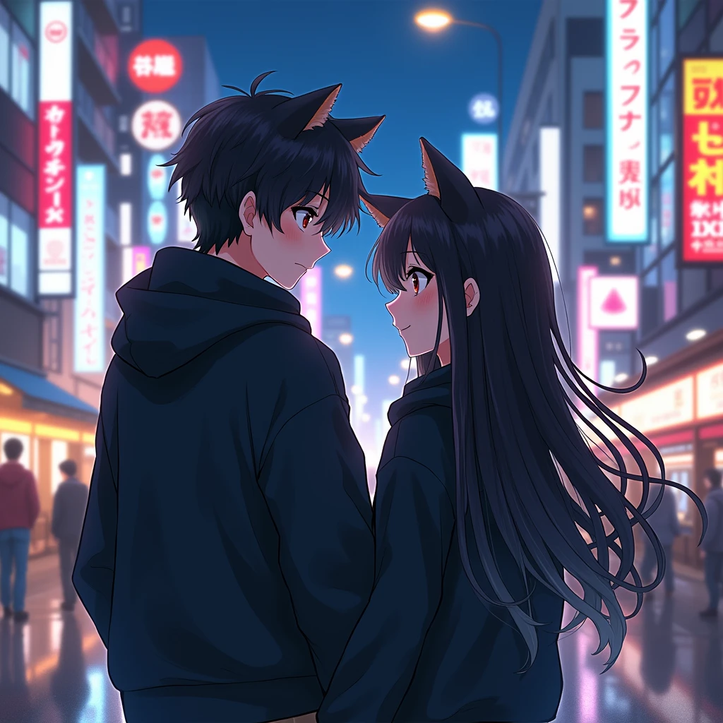 couple anime wearing black hoodie,
with cat ears, in japan citylights
background, and the girl is black long hair