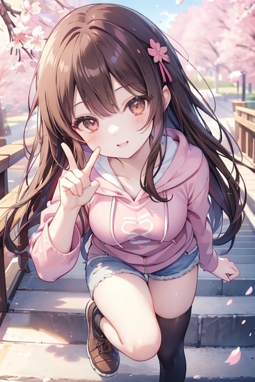 irohaisshiki, iroha isshiki, long hair, brown hair, (brown eyes:1.5), happy smile, smile, open your mouth,Put your hand over your mouth and make a peace sign, 1 girl,towards the camera,pink hoodie,short denim pants,black tights,short boots,cherry blossoms are blooming,Cherry blossoms are scattered,
break indoors, Cherry blossom tree-lined path,
break looking at viewer,Upper body,
break (masterpiece:1.2), highest quality, High resolution, unity 8k wallpaper, (shape:0.8), (fine and beautiful eyes:1.6), highly detailed face, perfect lighting, Very detailed CG, (perfect hands, perfect anatomy),