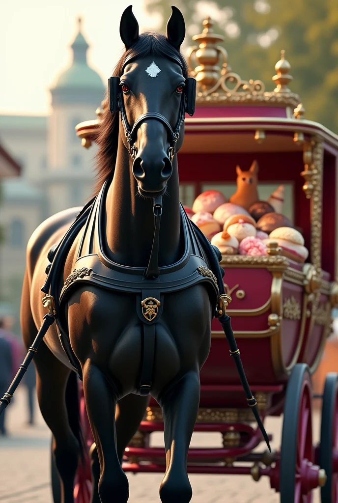 Black thoroughbred horse carriage looking at the camera full of sweets and ice cream