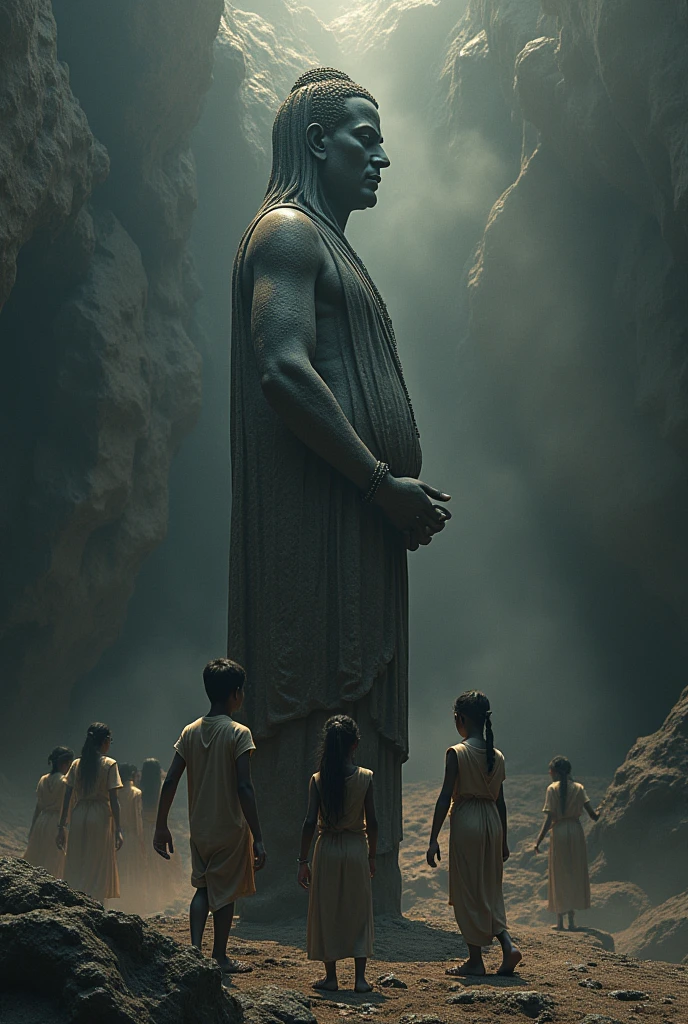 Generate a photorealistic image of the statue adiyogi of India with the background of worst mother hating children