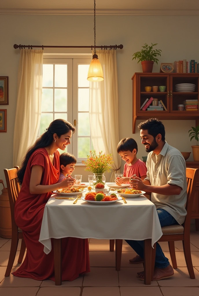 In oil painting"**"A well-kept home with a happy family enjoying a meal together, reflecting improved living conditions"** - Represents the improved lifestyle of Ramesh’s family."
