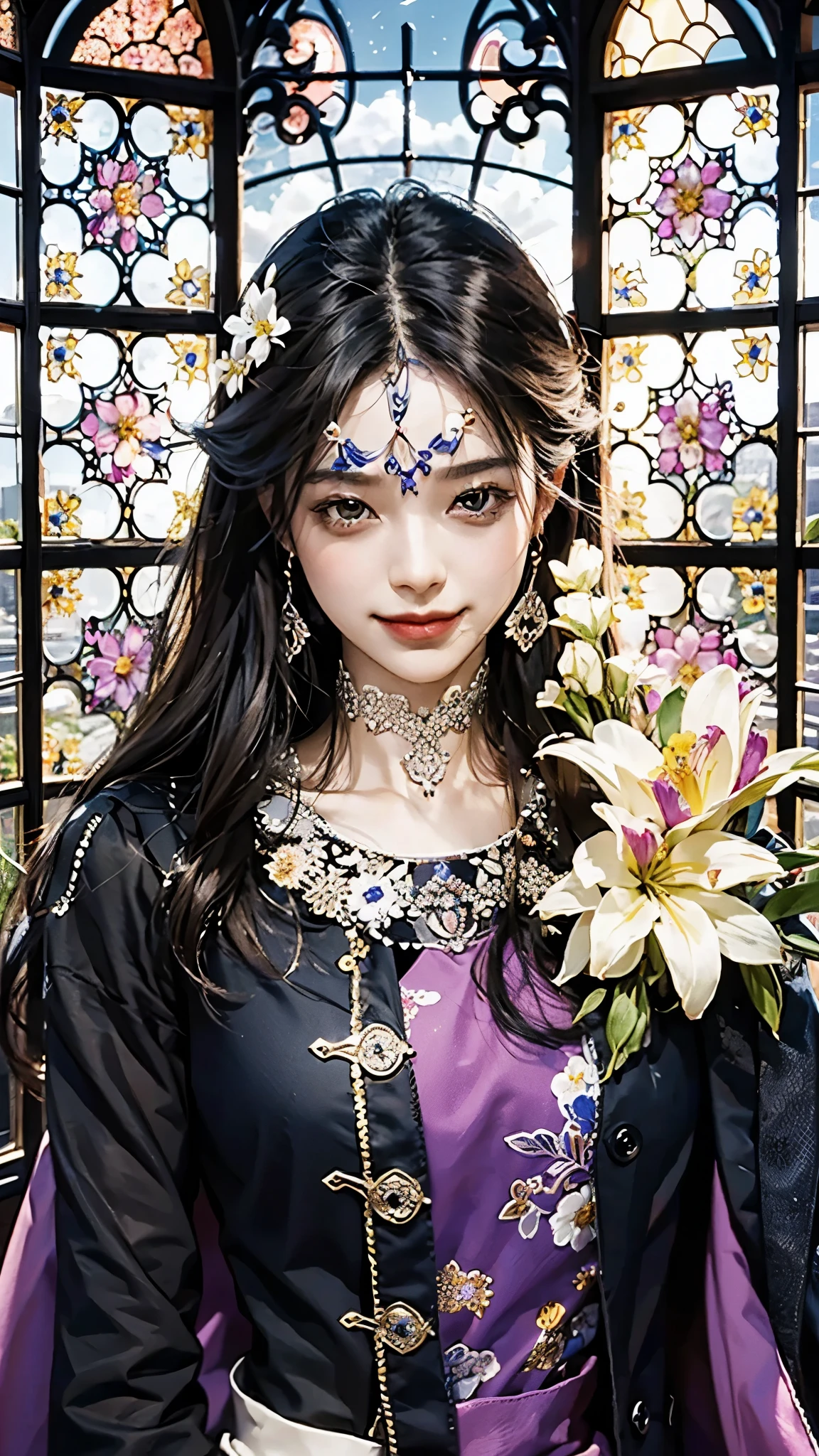 masterpiece, best quality, ultra detailed, insanely detailed, exquisite, beautiful, 8K,肩に白い鳥
, happy, field of flowers, sky, smiling, laughing, in the field of flowers, in the flower garden, in the clouds, with a full moon, with a rainbow, blue sky and shining lights, with a flower, with a castle, beautiful, fantasy, intense closeup shot, on right