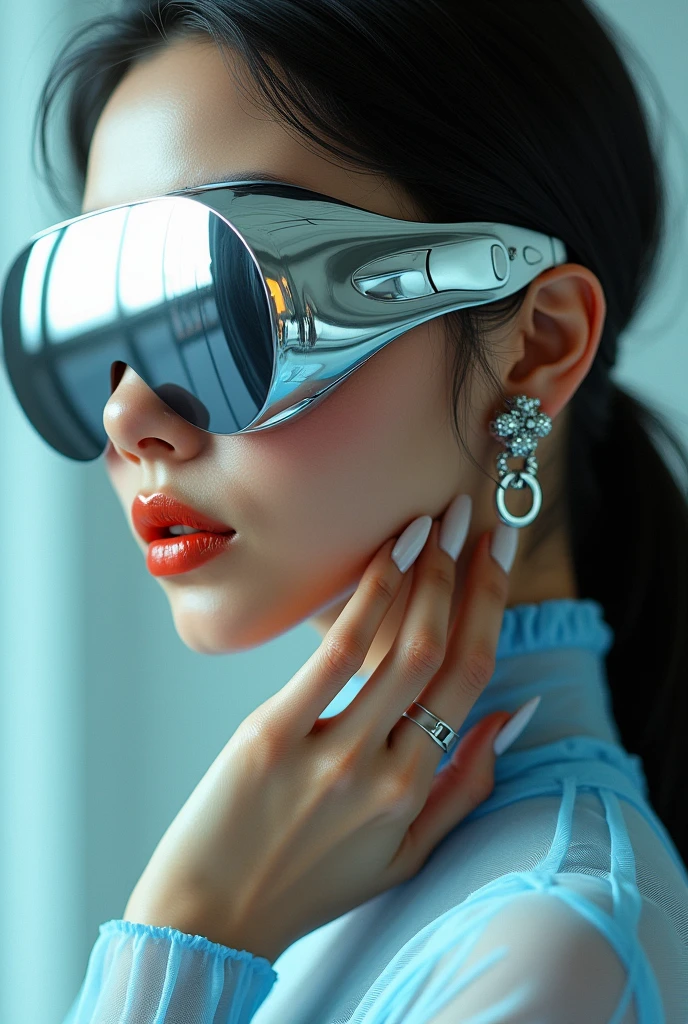 Imagine a girl with a futuristic and avant-garde style. He wears big sunglasses, metallic and reflective that cover much of his face, which adds a bold sci-fi element to its appearance. Her lips are full and slightly separated., with a shiny finish. The person has long, dark hair styled in strands pulled back and is adorned with multiple silver accessories., including earrings and what appears to be metallic nail art. Her hand gently touches his neck and she is dressed in a light blue sheer blouse. The overall aesthetic is modern and avant-garde., with a strong focus on metallic and reflective materials, evoking a futuristic haute couture atmosphere.
