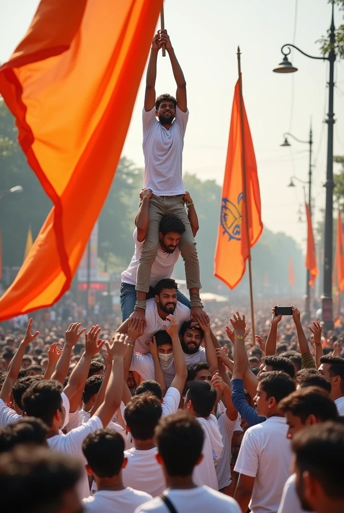 Dahi handi is going on in a square behind which is a tall saffron flag. All the people breaking dahi handi are wearing white color t-shirts.
