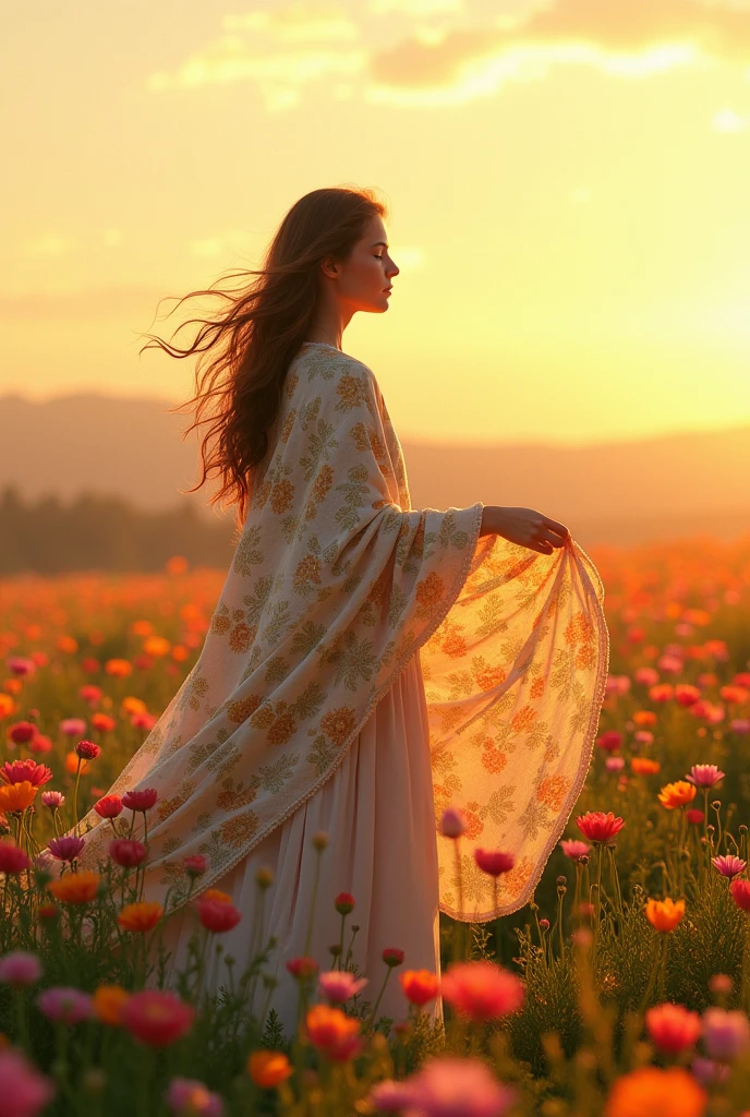 woman with Long hair, wearing long skirt, floral blanket in a field of flowers, warm sun.