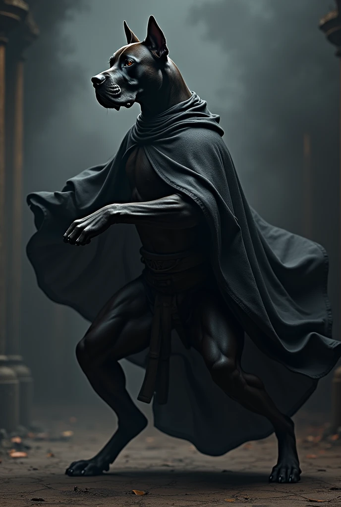 A black great dane. Wearing a black cloak with yin-yang symbol. Doing a kung-fu pose