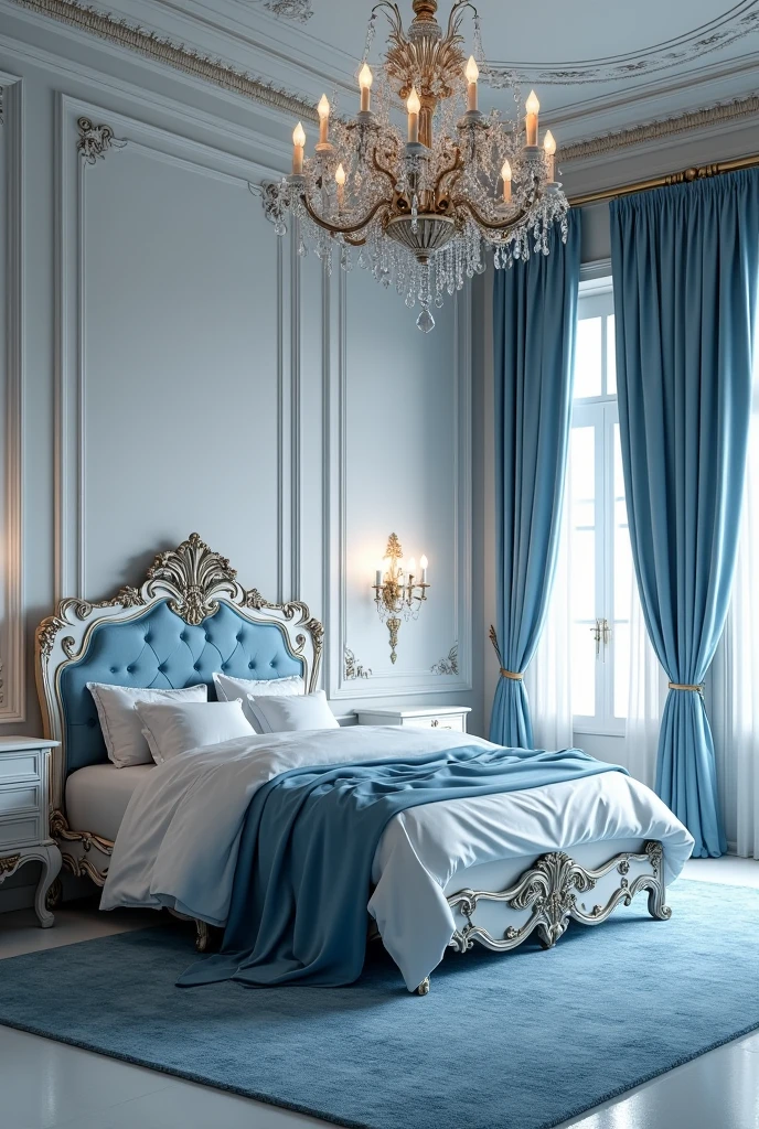 A large and magnificent bedroom in a house in European style with white and blue as the main colors., still in the picture but from top to bottom perspective, facing the bed