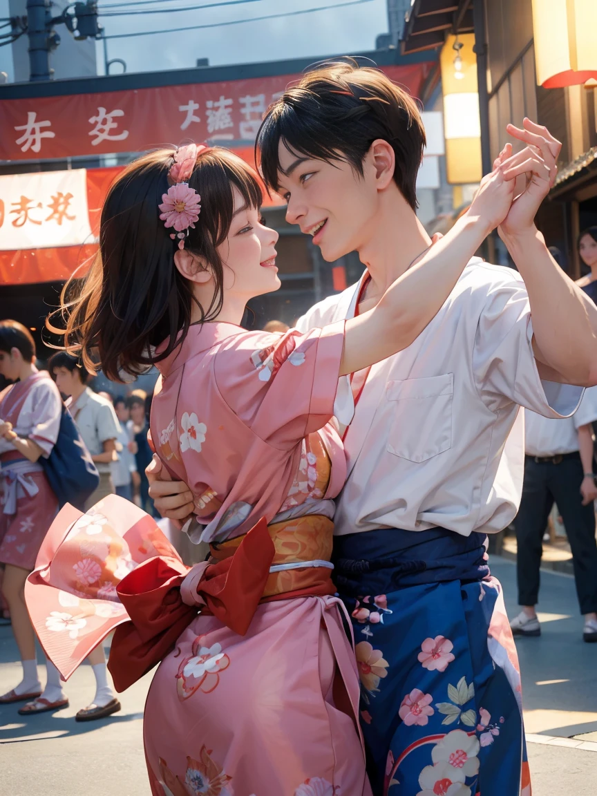 (Japan Bon Odori,最高masterpiece,Highest quality), Hot August,Bright vibrant anime art,People of all ages and genders dance and dance, Dancing in yukata,Dancing with laughter, Men and women, let's dance in a circle, dancing hero,Laugh Laugh,Dance Dance,Dancing in the square,Tokyo Marunouchi Station Square,masterpiece,Highest quality,High resolution,