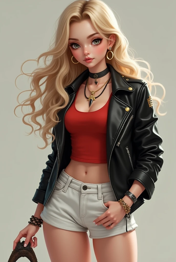cute girl, blonde hair with perfect waves and grey eyes.
He wears white shorts, a red tank top and a black leather jacket, white ankle socks and black converse.
Featuring a crown pendant necklace with a matching bracelet and brooch, along with some hoop earrings.
He holds an intimidating look.
He holds a Velociraptor tooth in his hand.

