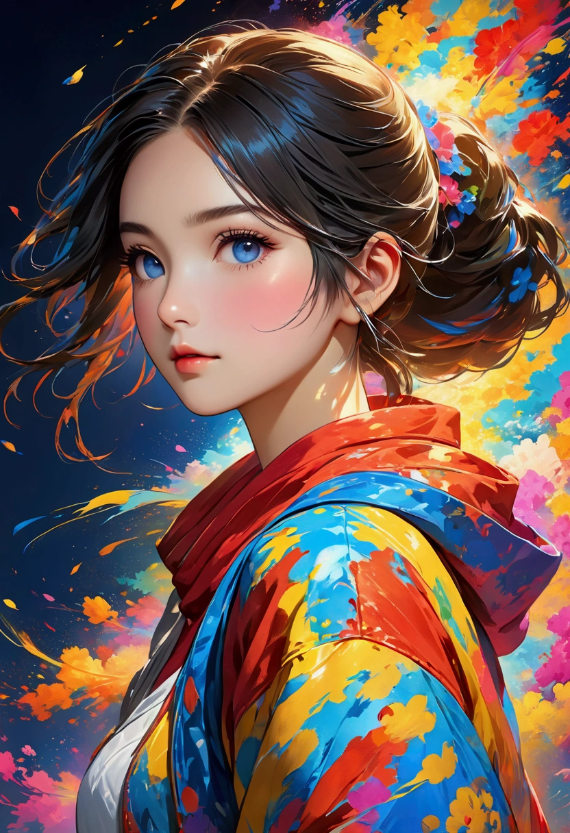 ((Very detailed)),Unbelievably absurd,Sporty girl posing for the camera,Simple Background,Colorful effects,Light streaks effect,Brush strokes, ((masterpiece, Highest quality, Very detailedCG, unity 8k wallpaper )),(masterpiece, Highest quality, Highest quality, Official Art, beautiful),Very vivid,High-precision images,Ultra-high resolution,Great art,Impression,Impressionなアート,beautiful顔,Perfect Face