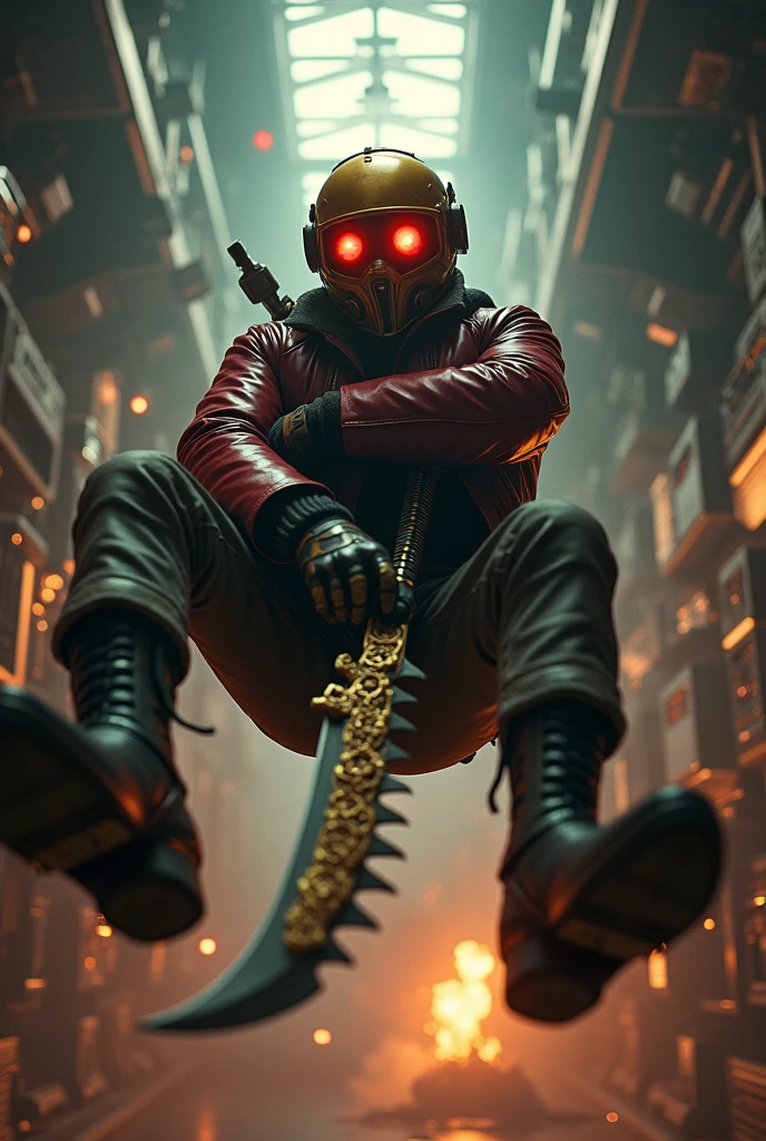 
19h
movie poster of full body photo of steampunk pilot wearing maroon leather jacket with golden full head helmet with red glowing eye lights jumping down posing with a large embellished steampunk machette, arms crossed holding machette, upshot camera captures soldier from his left side as he falls feet first in attack, explosions and smoke around soldier, fantasy adventure thriller movie, room with military equipment and radios, overhead lights computer monitors line the walls, year 1990s style, photography, moody and dramatic, studio lighting, ultra detailed, redshift, octane cinematography, cinema, professional color grading, dramatic lighting, photorealistic 60mm lens, f1.8