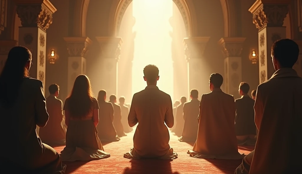 create images of people praying on their knees inside a shrine, in a light environment, surrounded by the holy spirit,