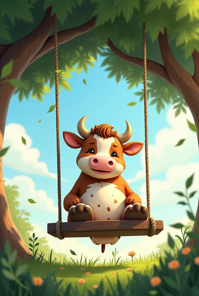 Create me a picture of an adult cow on a swing under a tree