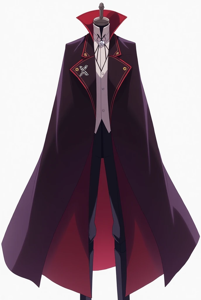 Create a cape for an anime character from the front and make sure the collar part has to be down like a dress shirt plus the outside part has to be dark purple and the inside part has to be light red