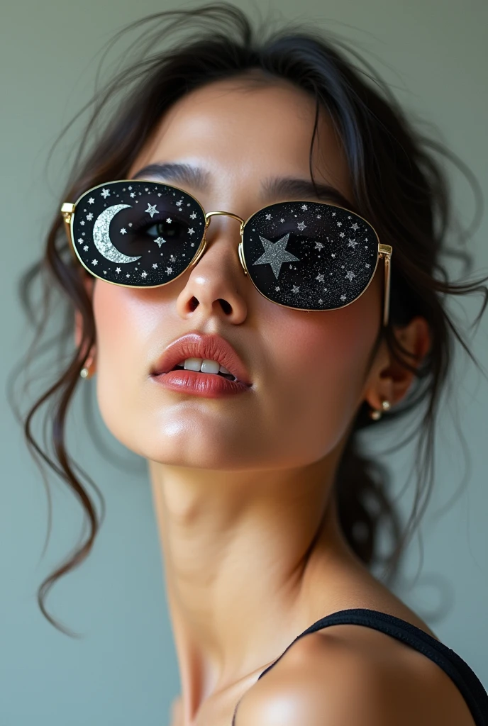 The model is wearing glass sunglasses with stars and the moon on the glass