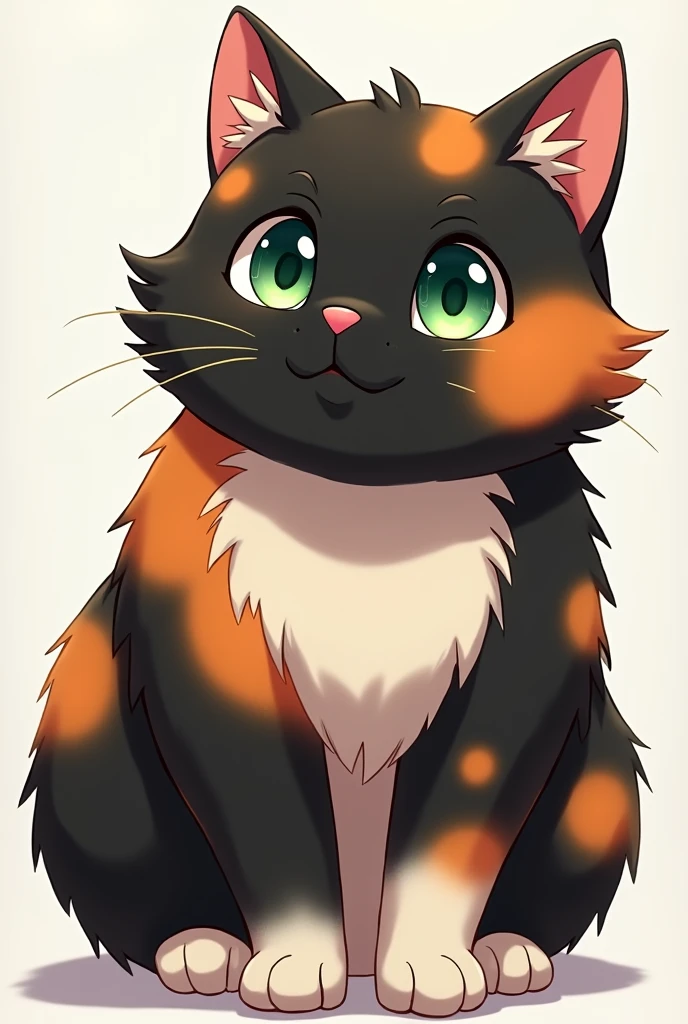 Make a tortoiseshell anime style cat (black color, orange and white), a little chubby and green eyes. That it is female and that it is an adult cat.
That has a black nose, The mouth is black and most of the face is black but with some orange spots.. Also that he has many spots all over his body. The white colored legs