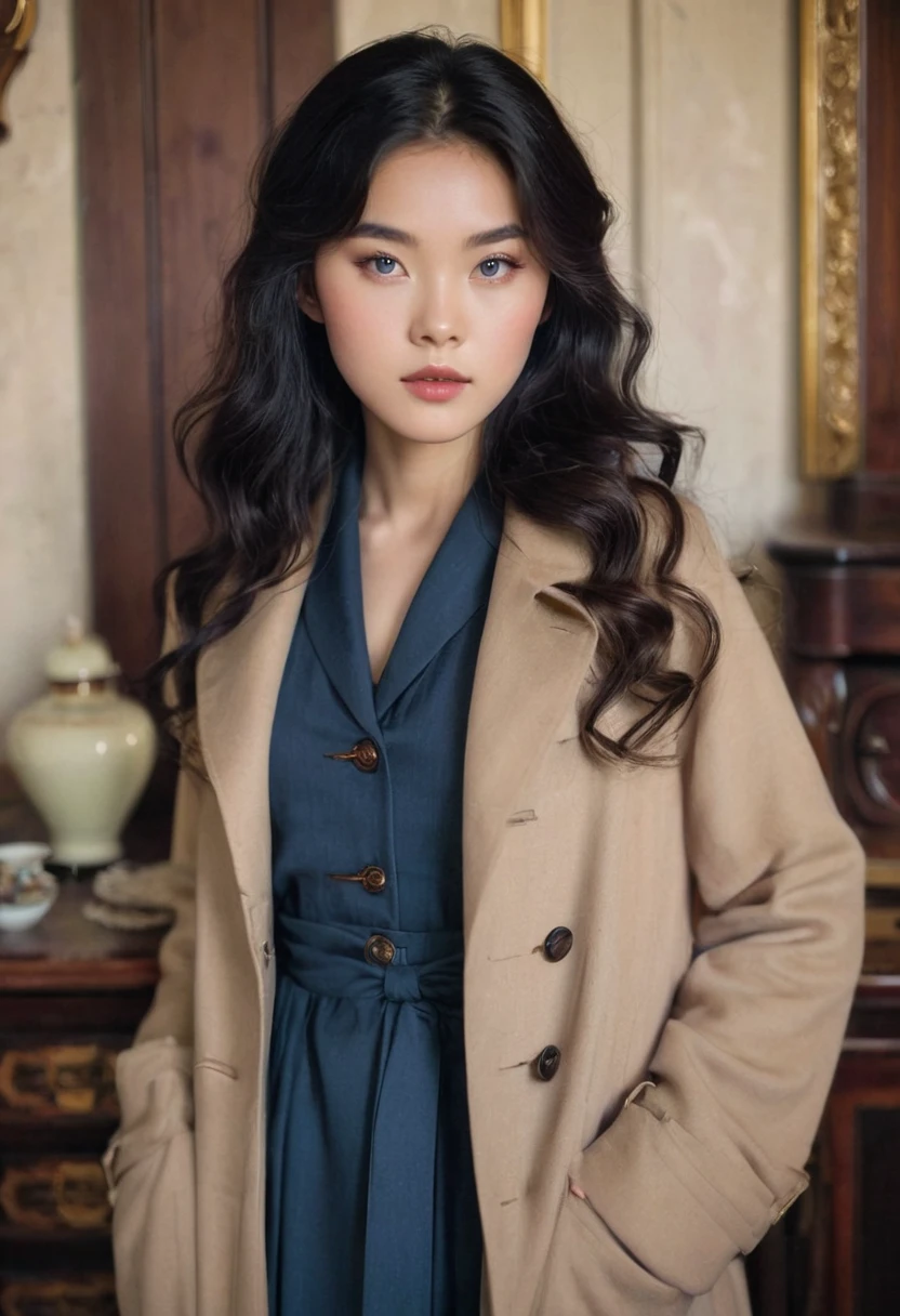 Young Asian Teenage girl, Nordic Ethnicity, violet-blue eyes, mature looking face, wavy slight long hairstyle, black hair with a perfect face and small breasts, antique makeup, old school female clothes, long coat, vintage elegant dressing, vintage clothing, old school background, woodwork, furniture, vintage vibes in the background