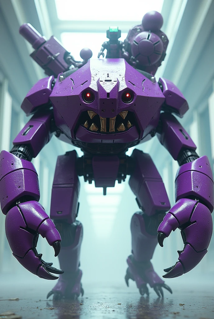 a highly detailed hexagonal prism robot with crab-like legs, red eyes, sharp teeth, a purple crab-shaped body, floating on air. claw hand. high tech design.. big bazooka on back pack.oysters shape..purple and silver color. Claw machine arm. Small green guy cube head on control panel. Real. 4k full hd. High contrast. High shutter speed
