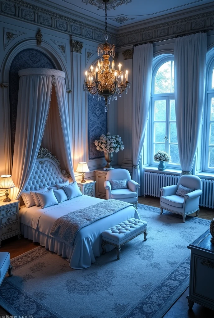 A large and magnificent bedroom in a house in European style with white and blue as the main colors., still in the picture but from top to bottom perspective, at night