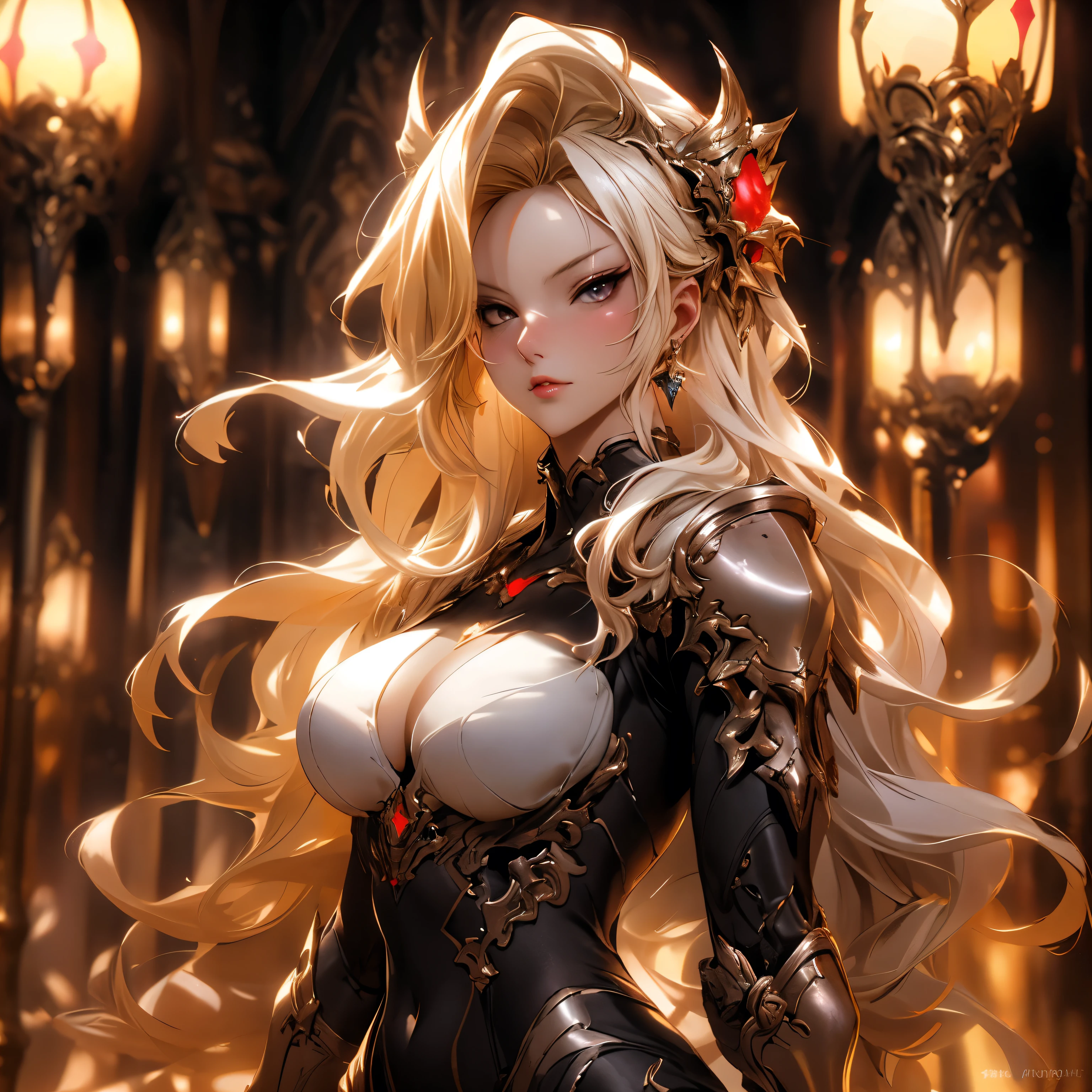 (best quality)), ((Masterpiece)), (details:1.4), 3d, HDR (high dynamic range), Image of a beautiful cyberpunk girl., blonde hair, long hair, Smooth style, red eyes, hips up, High nose, red lips, big breasts, nvidia RTX, PBR surface, After processing, Anisotropic filtration,depth of field, Maximum clarity and clarity, multi-layered surface, subsurface scattering, perfect proportions, 8K raw files, มีdetailsมาก, perfect proportions, Volumetric light, soft light, Holy paladin, Heavy armor, Shiny skin, castle background, decorations, earring, Perfect Fingers,