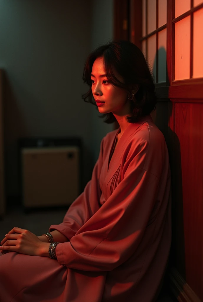 Beautiful Japanese mature woman、 analog film photo, (Create a realistic and photorealistic photo image)、whole body、Dark Places、Under the faint red light、Sitting、blur, tint, depth,