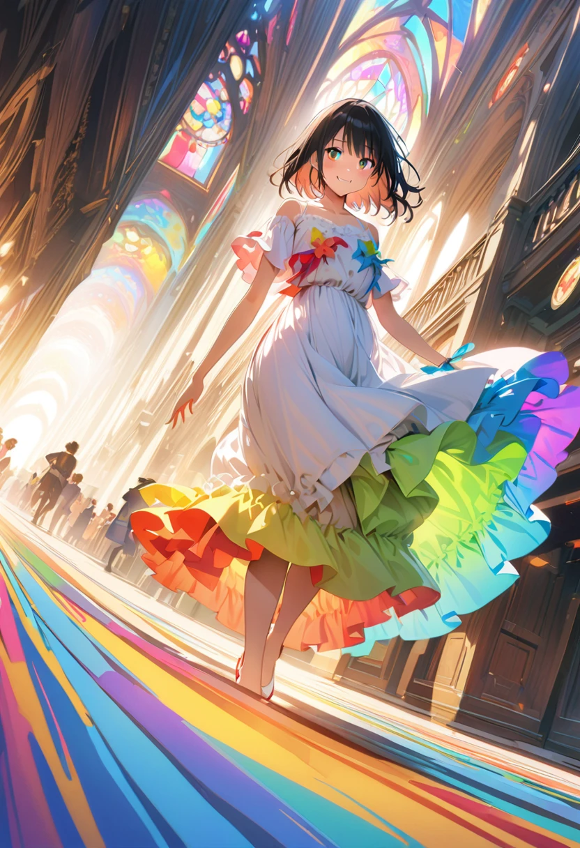 (masterpiece, Highest quality, Official Art:1.2), (colorful), Looking at the audience, One Girl, alone, White Background, floating colorful water, Ultra-fine illustrations, highly detailed, Dynamic Angle, beautiful detailed, 8k, break smiling amidst the colorful scenes, (Highest quality, masterpiece, High resolution, detailed), Anime Style, (Shining Eyes, detailed美しい顔), break,Dynamic Angle