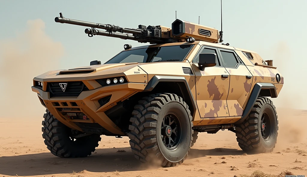 (photorealism:1.2), futuristic military asault veicle 4x4, sci-fi military asault veicle, advanced tech, heavy machine gun in the top, light brown cammo painting,