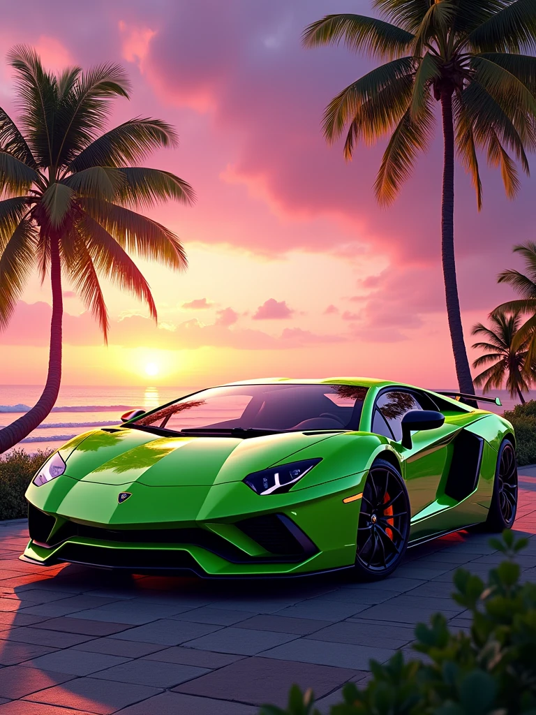 green Lamborghini aventador svj sports car parked near a beach with a palm tree with warm sunlight on a beautiful sunset with rays of sun and a contrasting sky of violet and pink, high definition, high quality wallpapers, bold Lamborghini style , supercar, ultra realistic photography, luxury lifestyle, photo, cinematic, vibrant