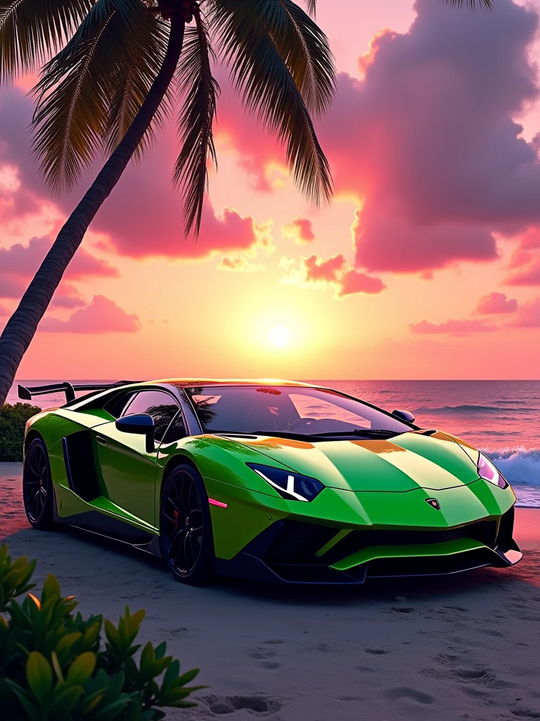 green Lamborghini aventador svj sports car parked near a beach with a palm tree with warm sunlight on a beautiful sunset with rays of sun and a contrasting sky of violet and pink, high definition, high quality wallpapers, bold Lamborghini style , supercar, ultra realistic photography, luxury lifestyle, photo, cinematic, vibrant