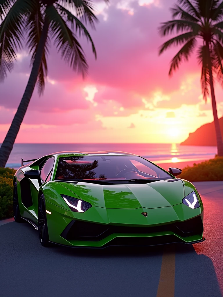 green Lamborghini aventador svj sports car parked near a beach with a palm tree with warm sunlight on a beautiful sunset with rays of sun and a contrasting sky of violet and pink, high definition, high quality wallpapers, bold Lamborghini style , supercar, ultra realistic photography, luxury lifestyle, photo, cinematic, vibrant